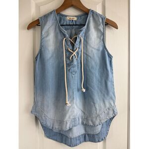 Bella Dahl Women's Lyocell Chambray Tank Top Lace Up Neckline Size S